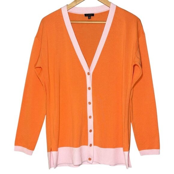 Talbots Womens Cardigan Knit Sweater Size Small Orange Pink Contrast Trim Button - Picture 1 of 7